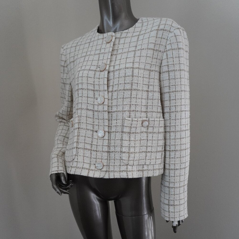 Veronica Beard Andrea Tweed Jacket Beige Gold Pearl Buttons Size 10 New Tag $698